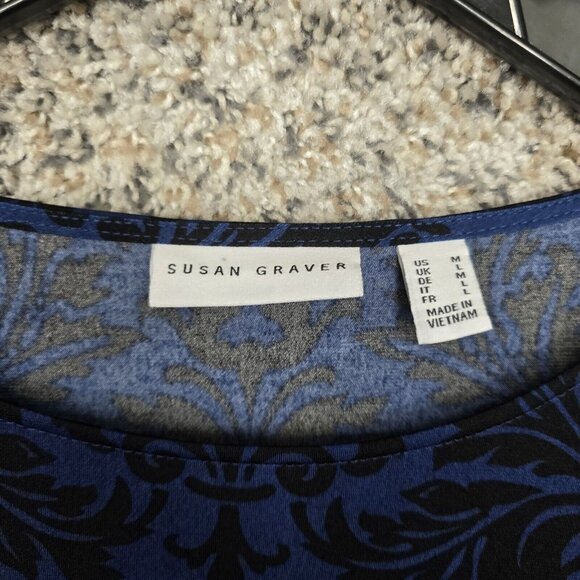 Susan Graver Top Womens Medium Blue Liquid Knit Printed Assymetrical Hem - Picture 6 of 7